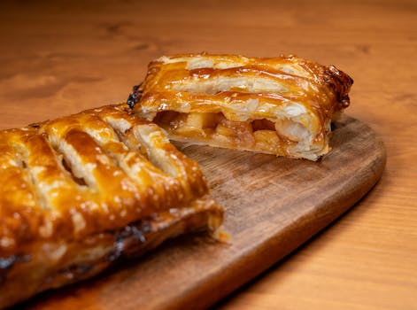 Tarte aux pommes maison sur une planche en bois, avec une croûte dorée et des morceaux de pommes visibles à l'intérieur.